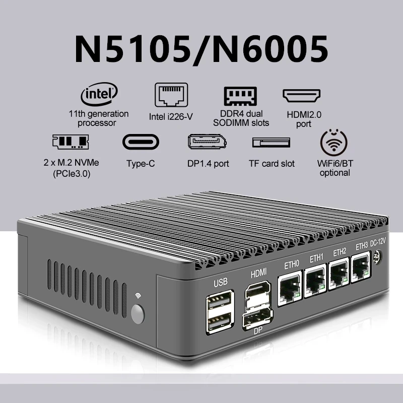New 11th Gen Mini Router TPM2.0 N6005 N5105 Intel i226-V 2.5GbE Ethernet Fanless Mini PC DP Type-C OPNsense Openwrt Firewall PC