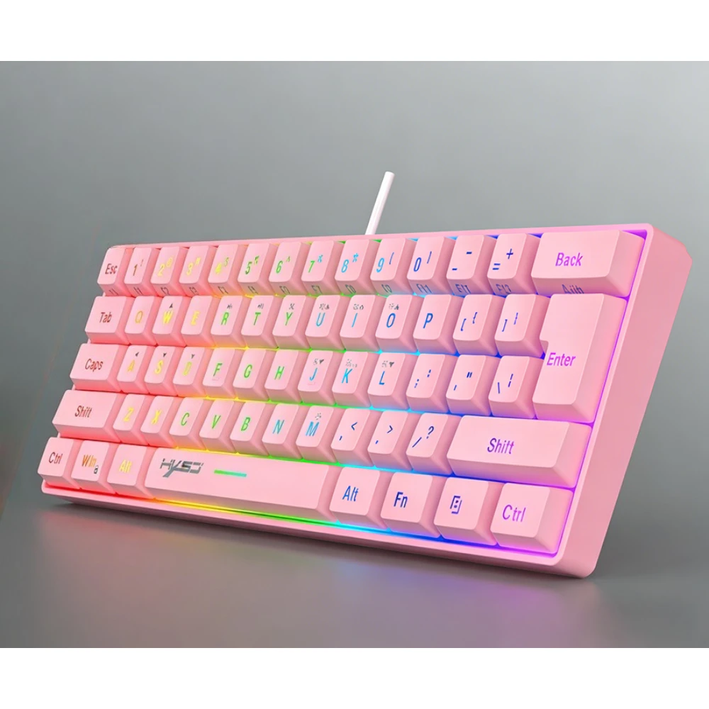 Фото Игровая клавиатура 60% RGB, белая, миниатюрная, проводная, с подсветкой, для ПК, цветная, розовая, белая. №2