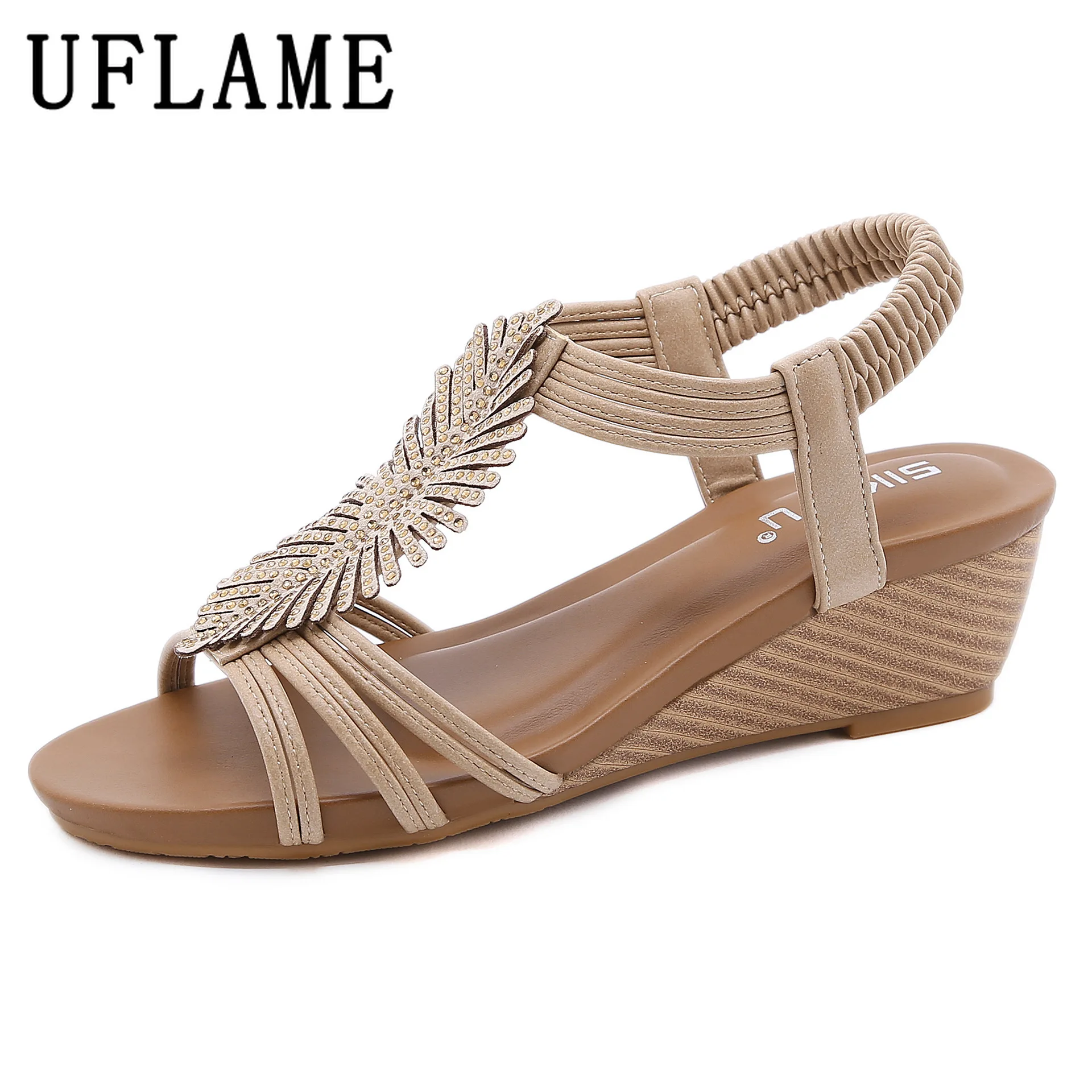 

Summer Women Sandals 5.5cm Solid Color Leather Roman Sandals Rhinestone Inlay Platform Shoes Flower Appliques Holiday Beach Shoe