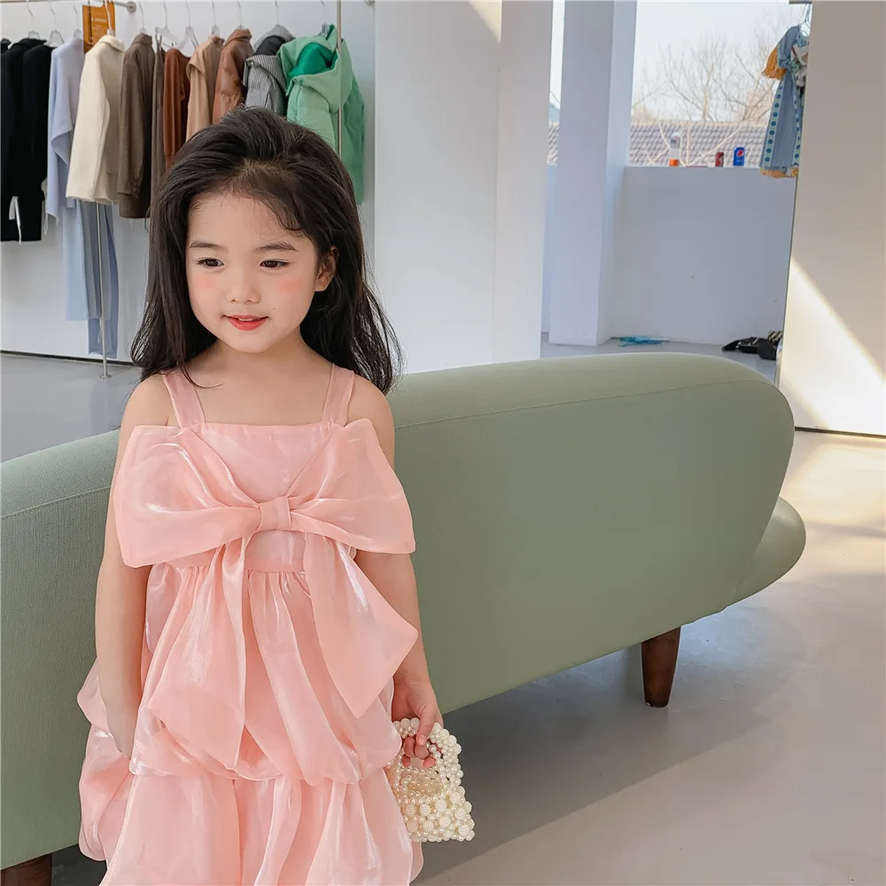 

2022 Big Bowtie Sling Dresses Baby Girls Birthday Party Wear Cake Dresses Summer Girls Clothes