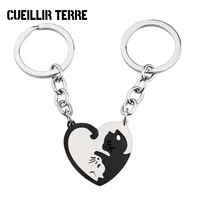 2022 fashion stainless steel creative keychain heart shaped cat stitching keychain couple commemorate jewelry boy gift key ring