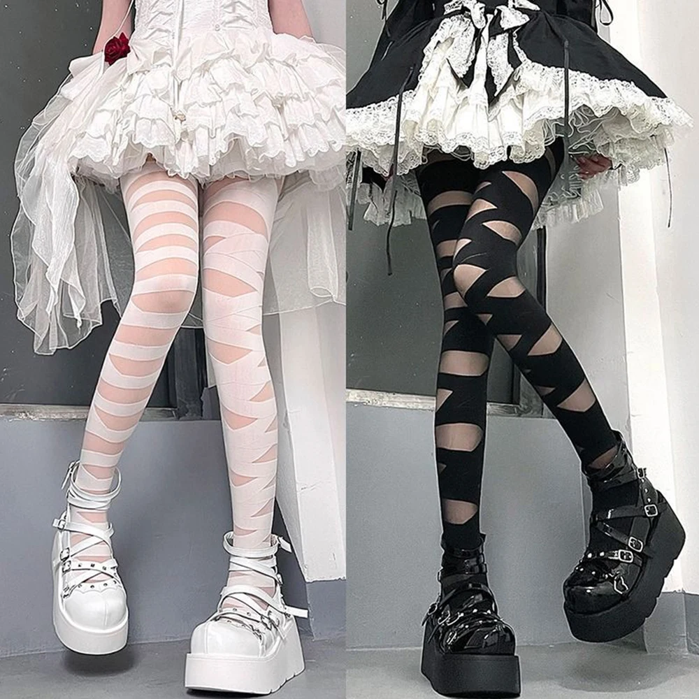 

Cute Lolita Gothic Bottom Stockings Bandage Design Tights Girls Hosiery Sexy Cross Strap Soft Velvet Tights Women Punk Cosplay
