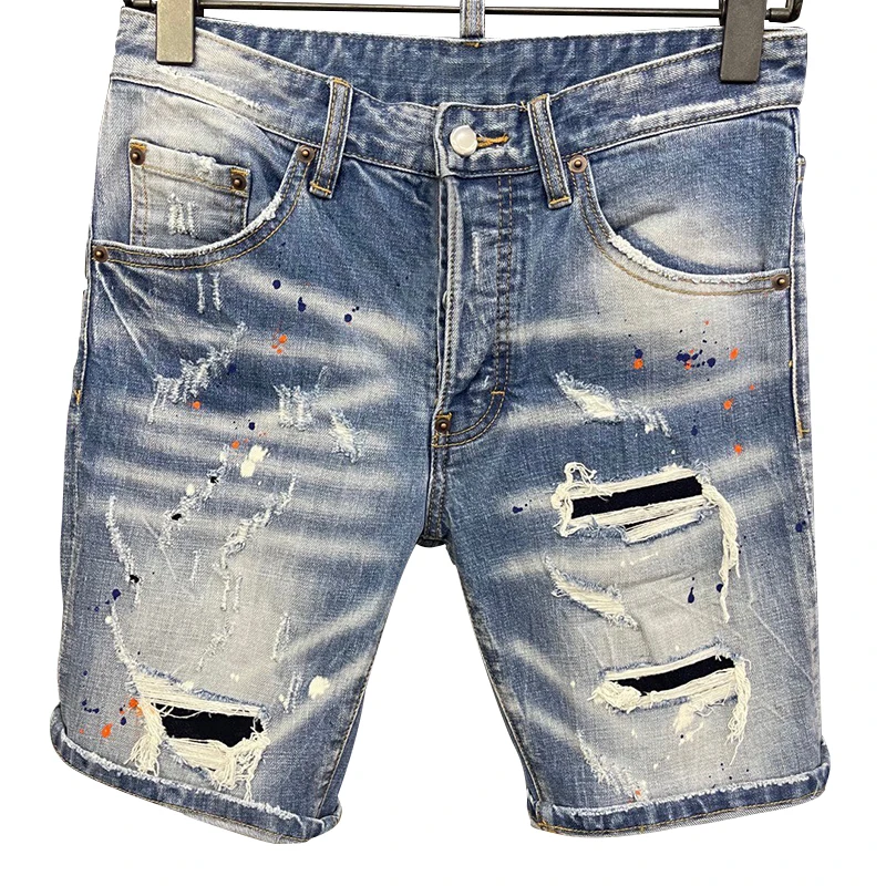 

Starbags dsq 2023new four seasons shorts jeans men's strong wash hole patch graffiti punk hip hop casual fit elastic latest
