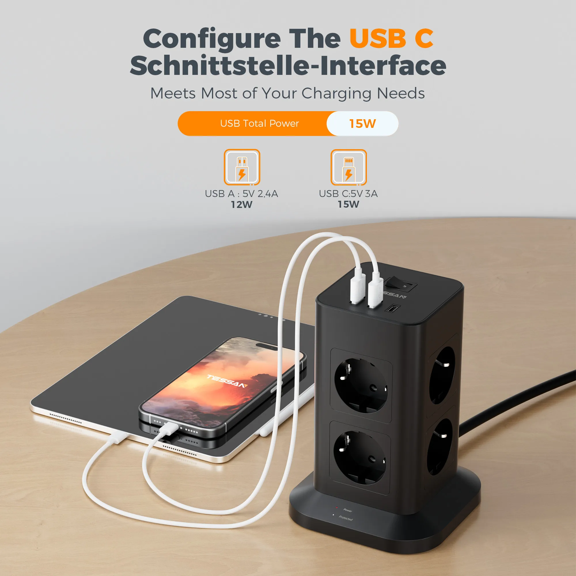 Удлинитель TESSAN с 8 розетками + 2 USB 1 вертикальной розеткой типа C и м удлинителем