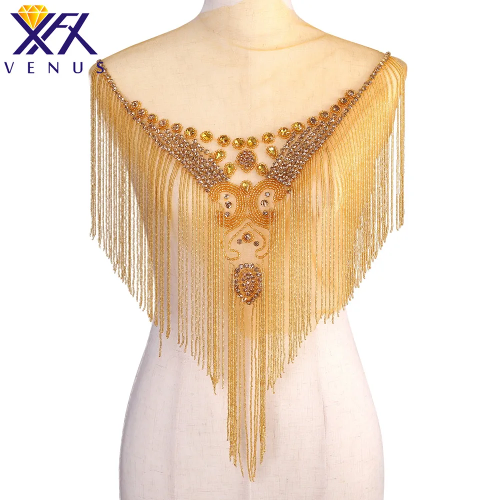 

XFX VENUS 1 Piece Handmade Dangling Rhinestone Beads Applique Bridal Beaded Tassel Trimming Patches Bodice Wedding Dress