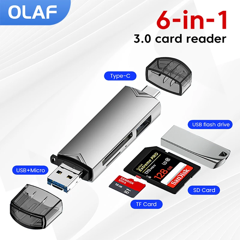 Olaf 6 in 1 OTG Card Reader USB3.0 to Type C Micro USB Adapter Flash Drive Smart Memory Card Reader TF Camera Mini SD Cardreader