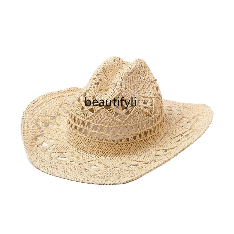 

zq European and American Style Spring and Summer Weaving Hollow Papyrus Outdoor Casual Sun-Proof Denim Top Wide Brim Straw Hat