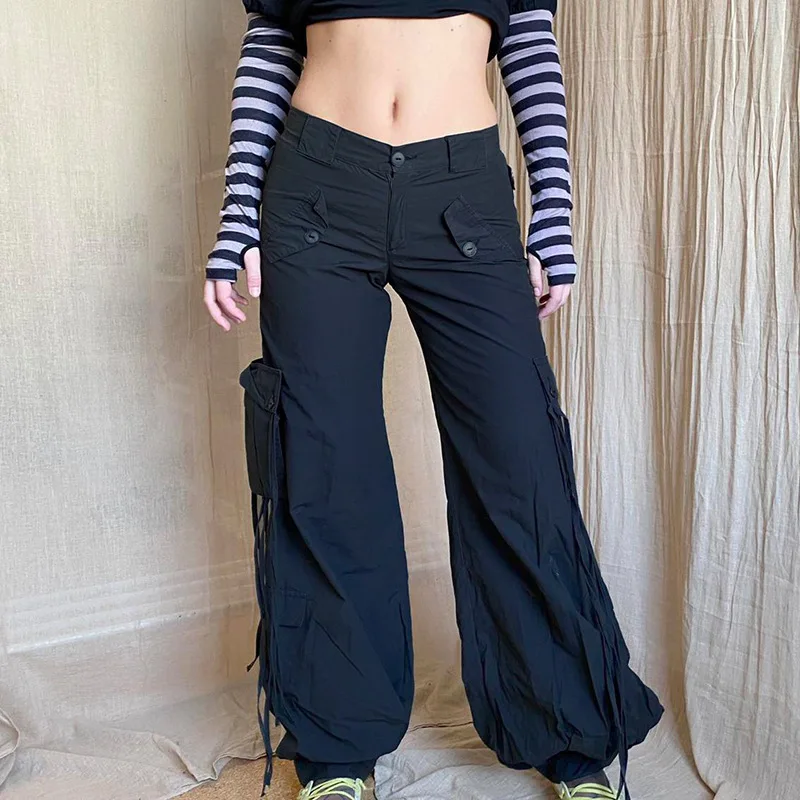 

Dark Low Waist Cargo Pants Y2K Ribbons Streetwear With Pockets Straight Pants Women Korean Fashion Blue Baggy Hippie Pants
