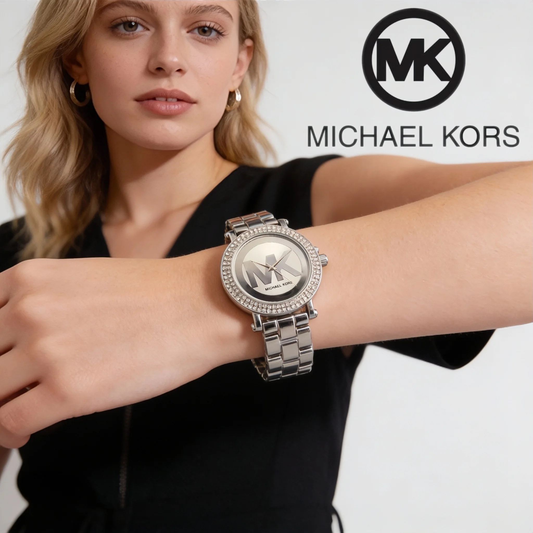 Фото Женские модные часы Michael Kors, роскошные повседневные деловые кварцевые часы, многофункциональный таймер с циферблатом из сплава, инкрустированным бриллиантами №2