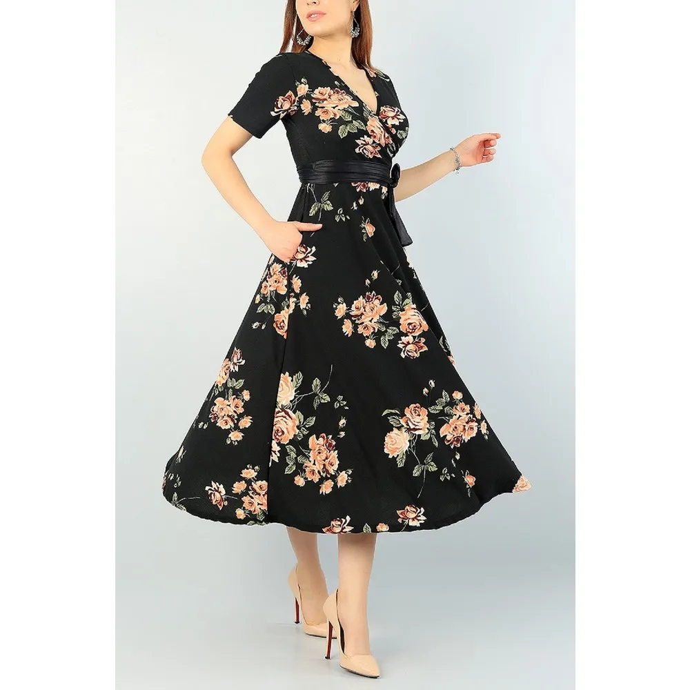

Women's Double Breasted Collar Crepe Fabric Short Sleeve Rose Printed Black Midi Length Dress Women Summer Dress Casual Long Ball Gown Midi