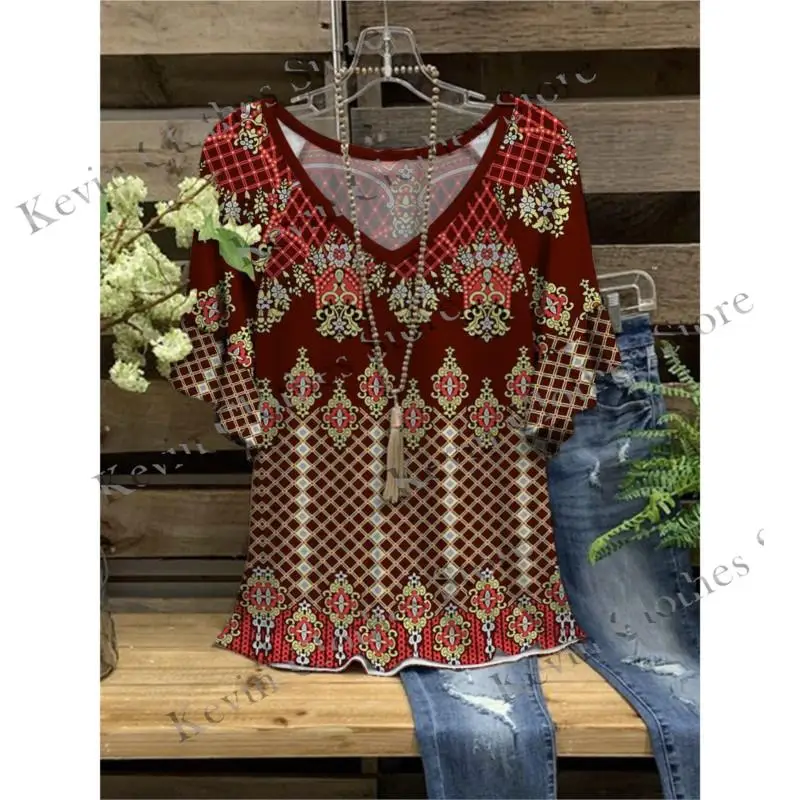 

New Women T-shirts Baroque Pattern Retro Fashion y2k Clothes V-neck Patchwork Sleeve Women's Tops