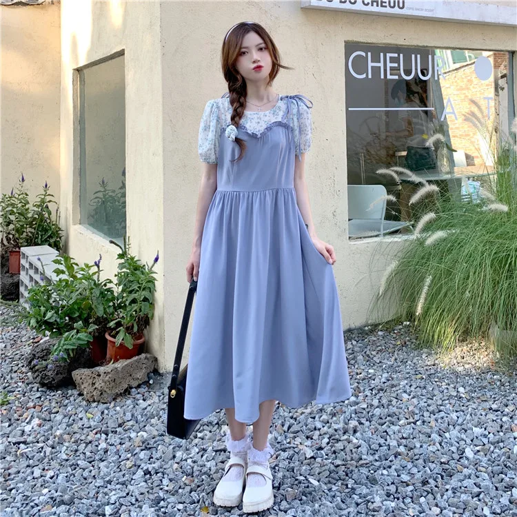 Women Summer Dress Puff Sleeve Korean Fashion Frilly Floral Patchwork False  Two Piece Dress Cute A Line Long Dress Teen Girls | АлиЭкспресс