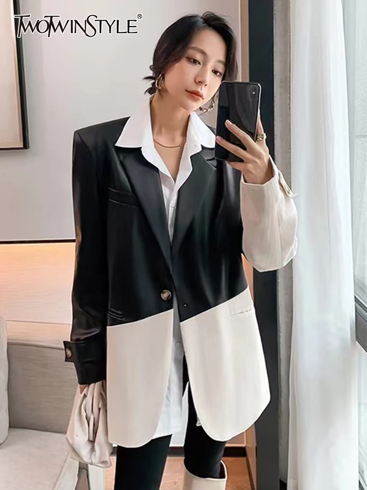 

TWOTWINSTYLE Patchwork Colorblock Pu Blazer For Women Notched Collar Long Sleeve Single Breasted Blazers Female Fashion Clothing