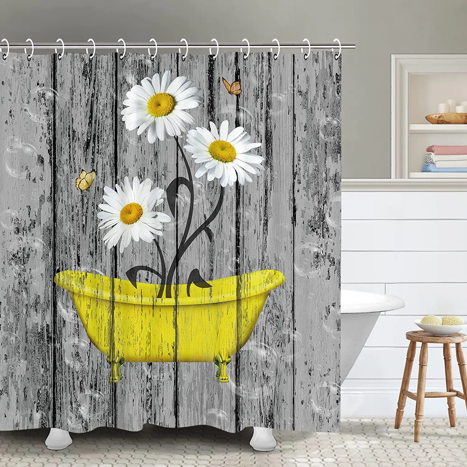 

Floral Shower Curtain White Flowers Rustic Daisy Barnwood Farmhouse Country Summer Yellow with Hooks Waterproof Fabric Curtains