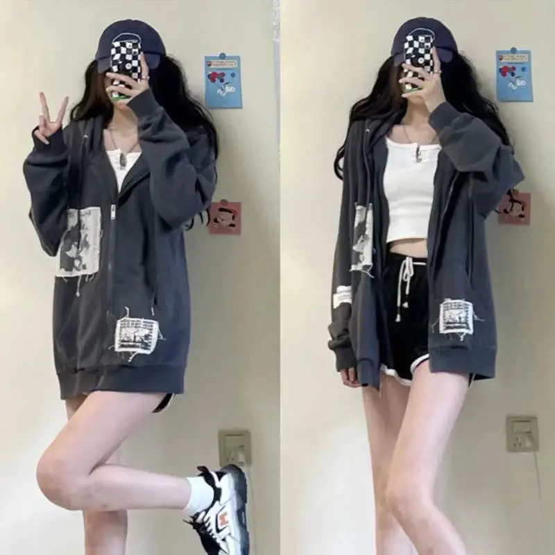 

Hoodies Women Harajuku Japanese Zip Up Jacket Zip Up New Letter High Street Flame Goth Punk Korea Loose Jacket Vintage
