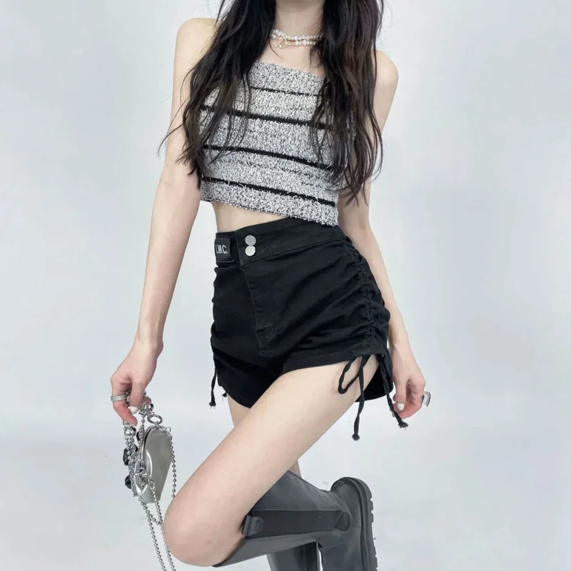 Summer New Solid Color High Waist Denim Shorts Drawstring Slim Stretch Black Hot Pants Korean Fashion Women Clothing