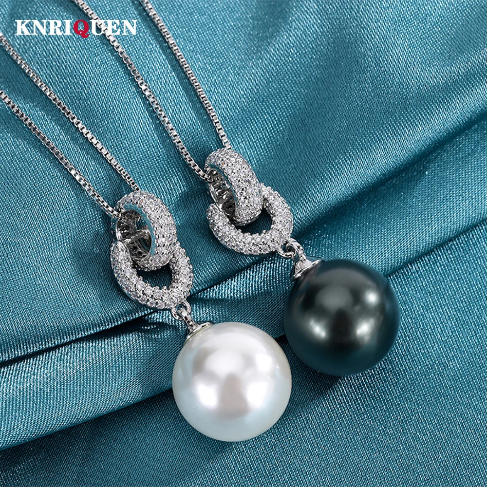 New Charms 14mm Black White Big Pearl Pendant Chains Necklace for Women Lab Diamonds Elegant Anniversary Gift Party Fine Jewelry