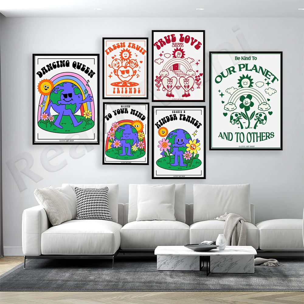 

Be kind to our planet, be kind to your heart, fresh fruit, dancing queen, cute quote, illustration, retro wall decor poster