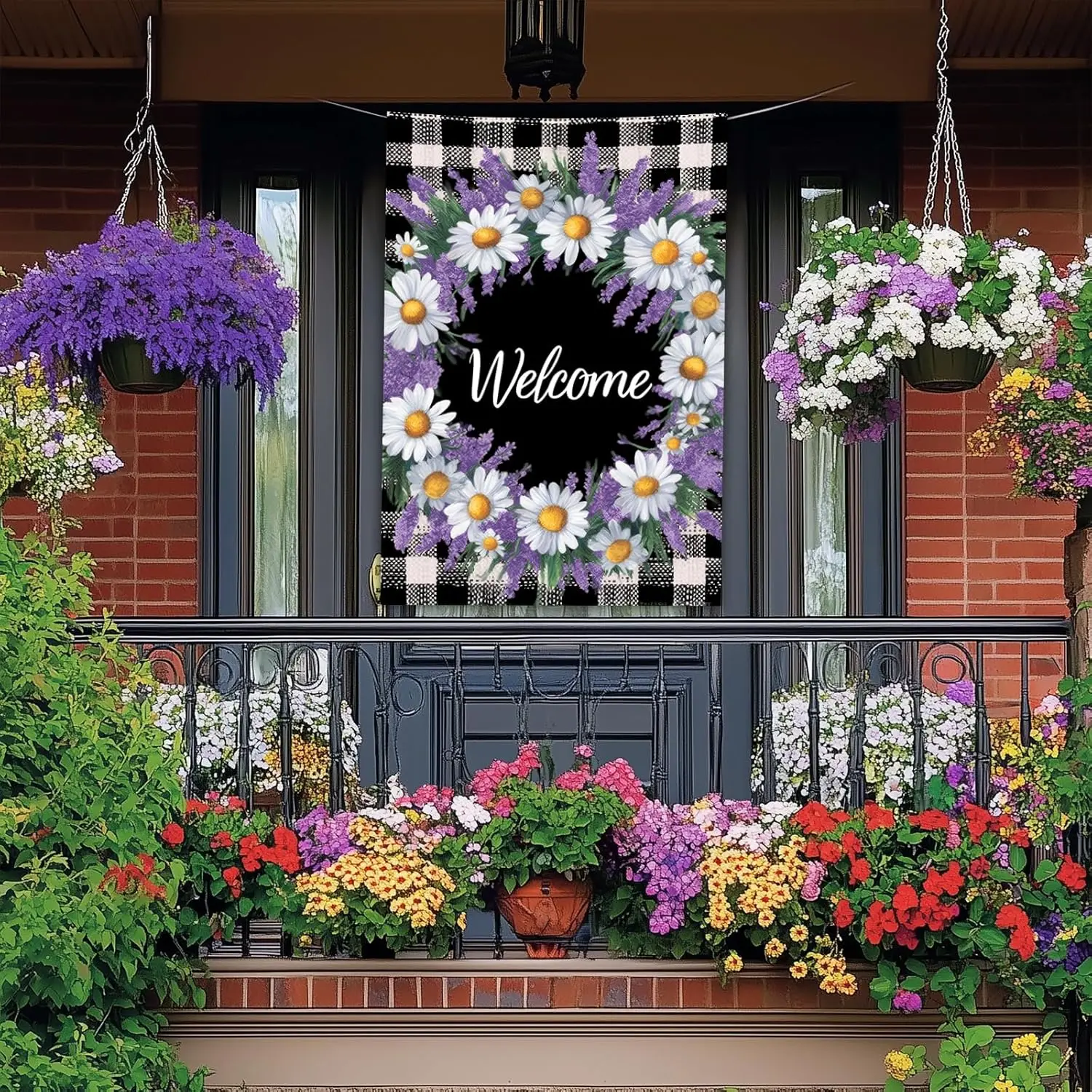 Фото Флаг для дома Lavender Daisy, 28 x 40 дюймов, двусторонний садовый флаг с клетчатым узором «Буффало» и текстом «Добро пожаловать» для весны и лета, для улицы, PPM №2
