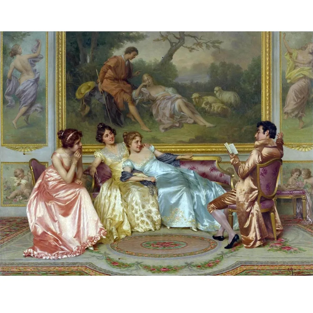 

Hand painted high quality reproduction of The Reading by Vittorio Reggianini Palace Drawing art Court painting for study room