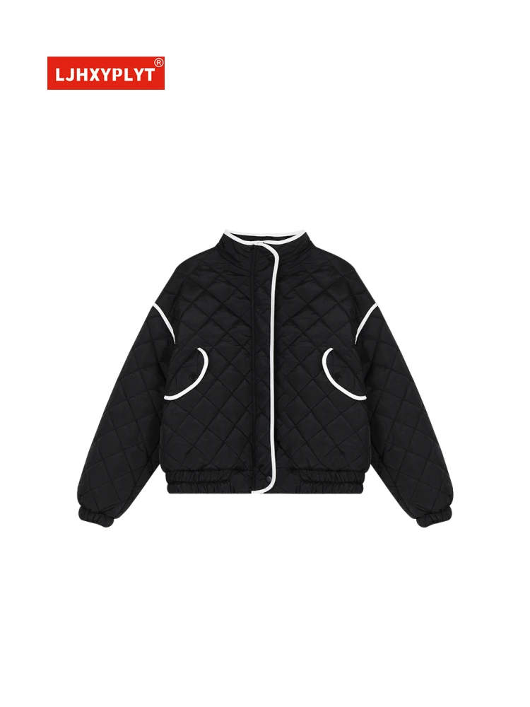 

Black White Rhombus Cotton Jacket Women's Autumn And Winter New Simple Light Loose Short Long-sleeved Warm Plaid Coat Female