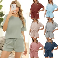 women clothing summer new beautys rib short sleeve home wear solid color leisure two piece suit sports shorts pullover t shirt
