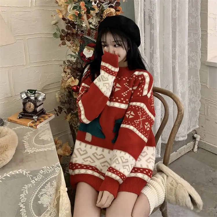 Рождественская серия вязаный свитер с круглым вырезом женский 2024 осень-зима