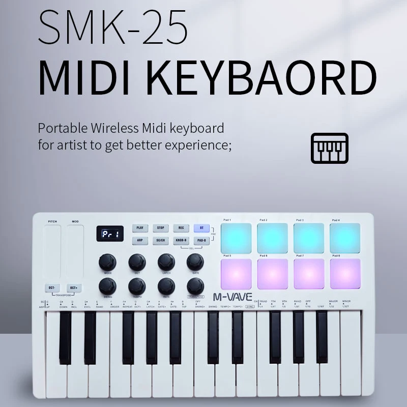 M-VAVE 25-клавишная перезаряжаемая беспроводная MIDI-клавиатура управления