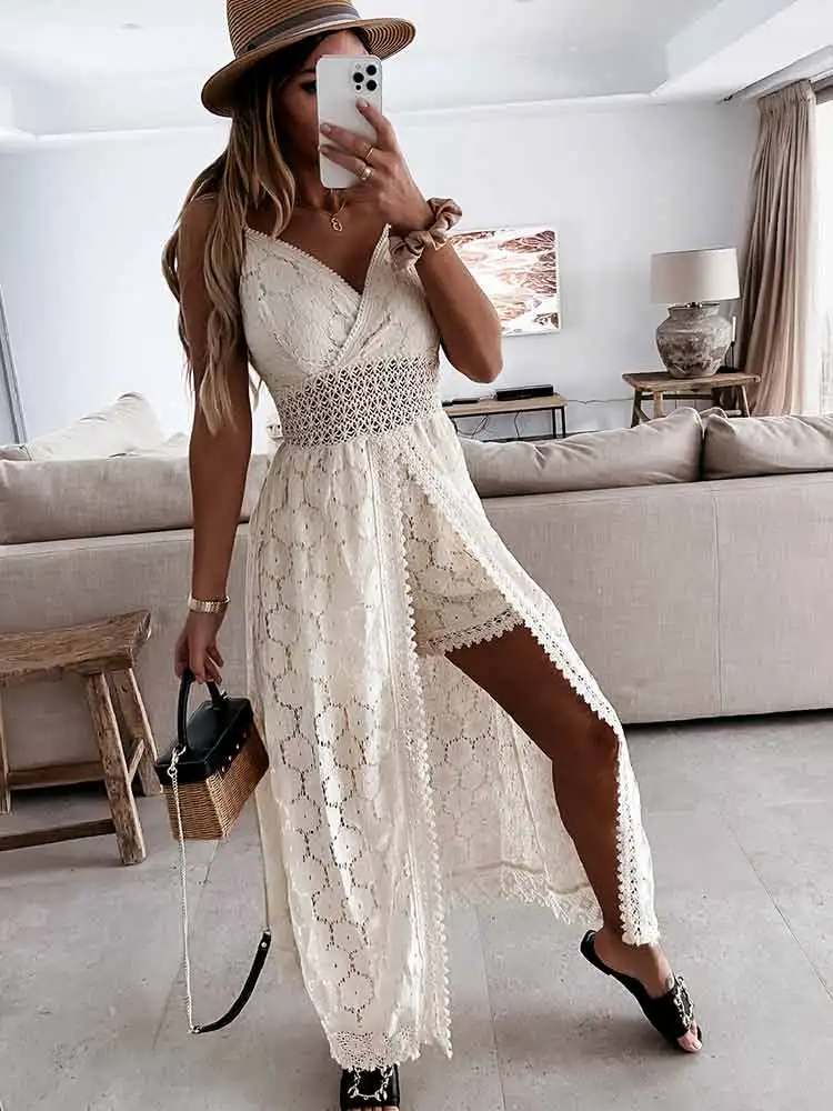 Sexy Backless V Neck Beach Cover Ups Sling Jumpsuit Summer Hollow Out Crochet Lace Shorts Playsuit Casual Split Bodysuit Romper