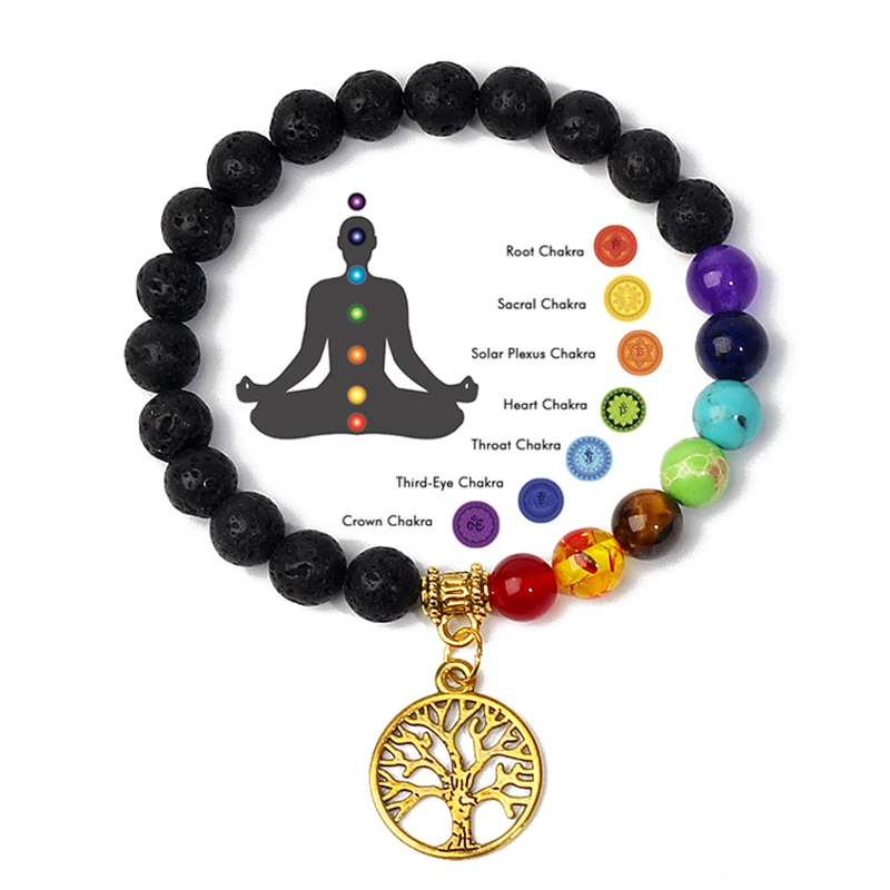 

Lava 7 Chakra Life Tree Bracelets Natural Stone Reiki Healing Engry Beads Bangles Women Men Yoga Bracelet Meditation Jewelry New