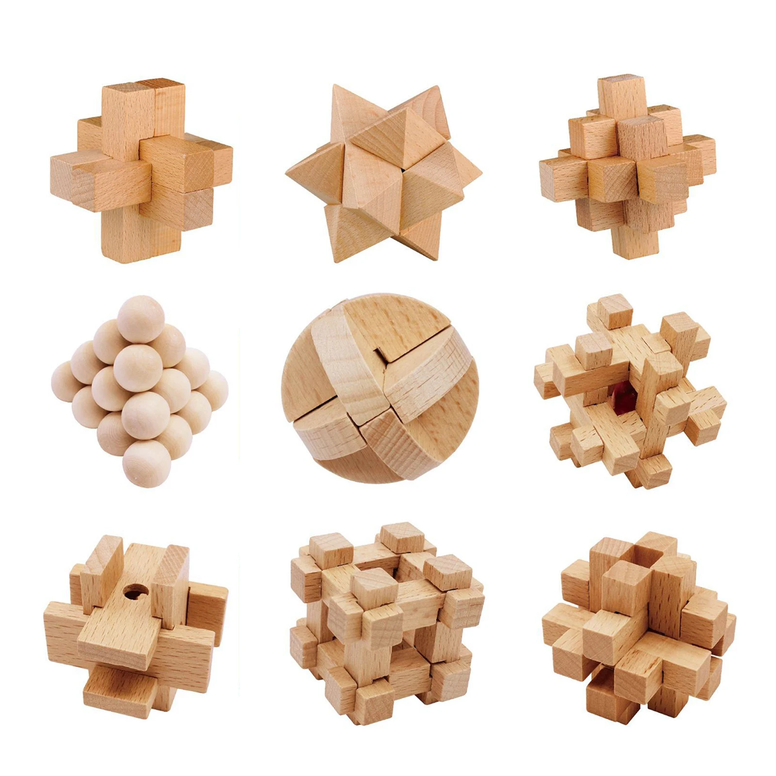 9PCS/SET Design IQ Brain Teaser Kong Ming Lock 3D Wooden Interlocking Burr Puzzles Game Toy Bamboo Small Size For Adults Kids | Игрушки и