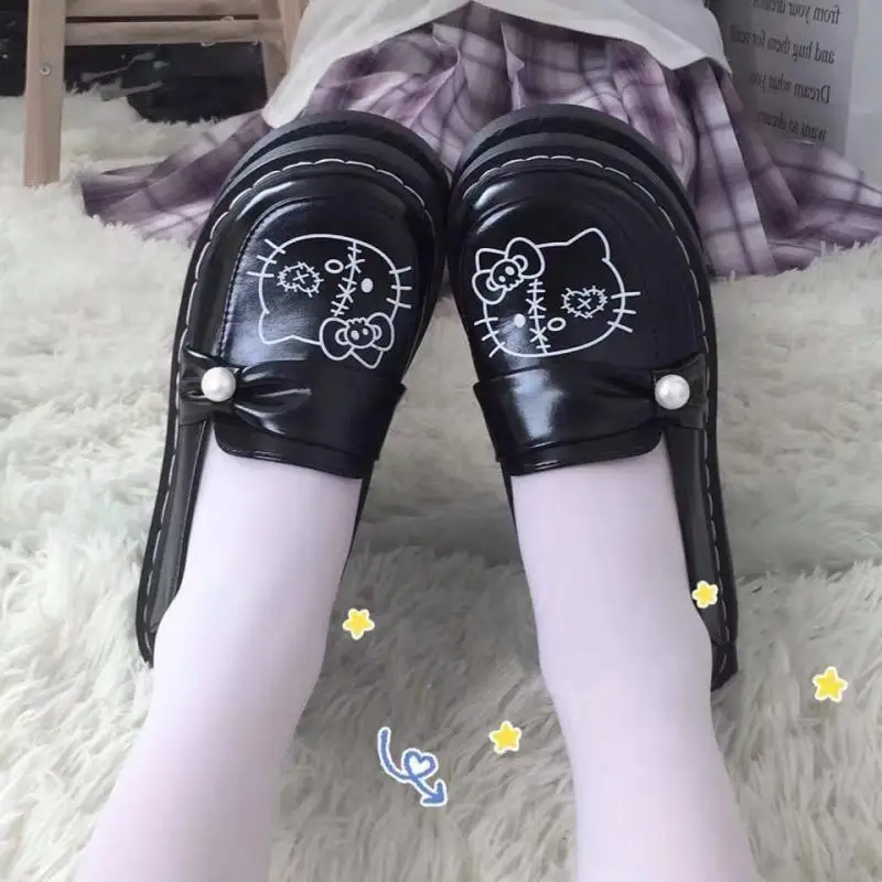 

Hello Kitty Round Toe Small Leather Shoes Sanrio Jk Uniform Flat Heel Student Shoes Female Comfortable All-Match Leather Shoes