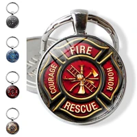 yw gairu firefighter logo glass key chain pendant accessories new fire control metal keyring bag backpack ornament gift for men