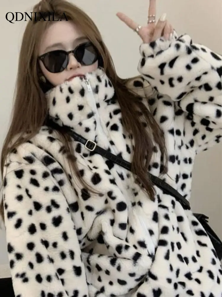 Winter Coat for Women Faux Fur Leopard Print Wool Coat Loose and Thickened Jacket Women Warm Keeping Coat Faux Fur Coat Women