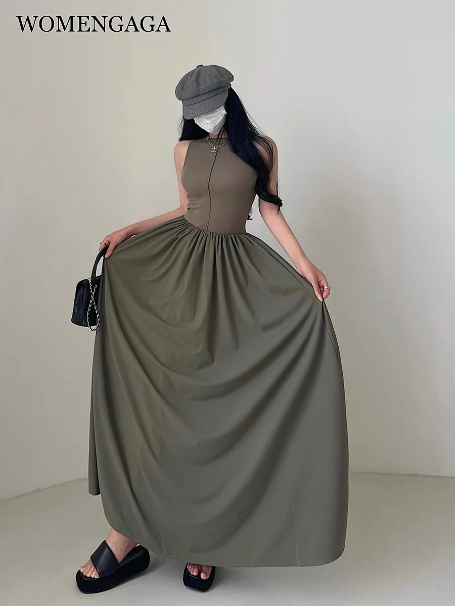 

WOMENGAGA Slim High Waist Fold Round Neck Sleeveless Tank Top Maxi Dress Long Dress Hot Sexy Korean Women Robe Dresses 8WDE