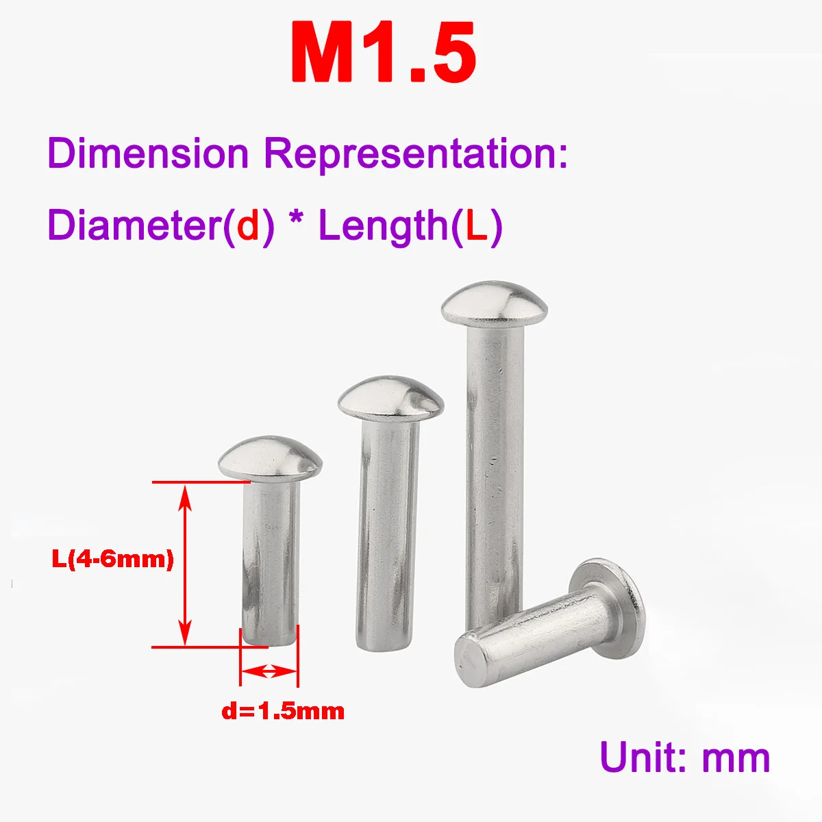 

Small Size Half Round Head Solid Aluminum Rivet M1.5 * 4/5/6