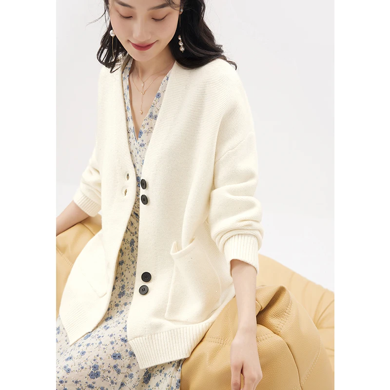 

New 2023 Wool Cardigan Feminino Casual Spring/Summer V-Neck Pockets Korean Fashion Sweater Mujer Long Sleeve Top
