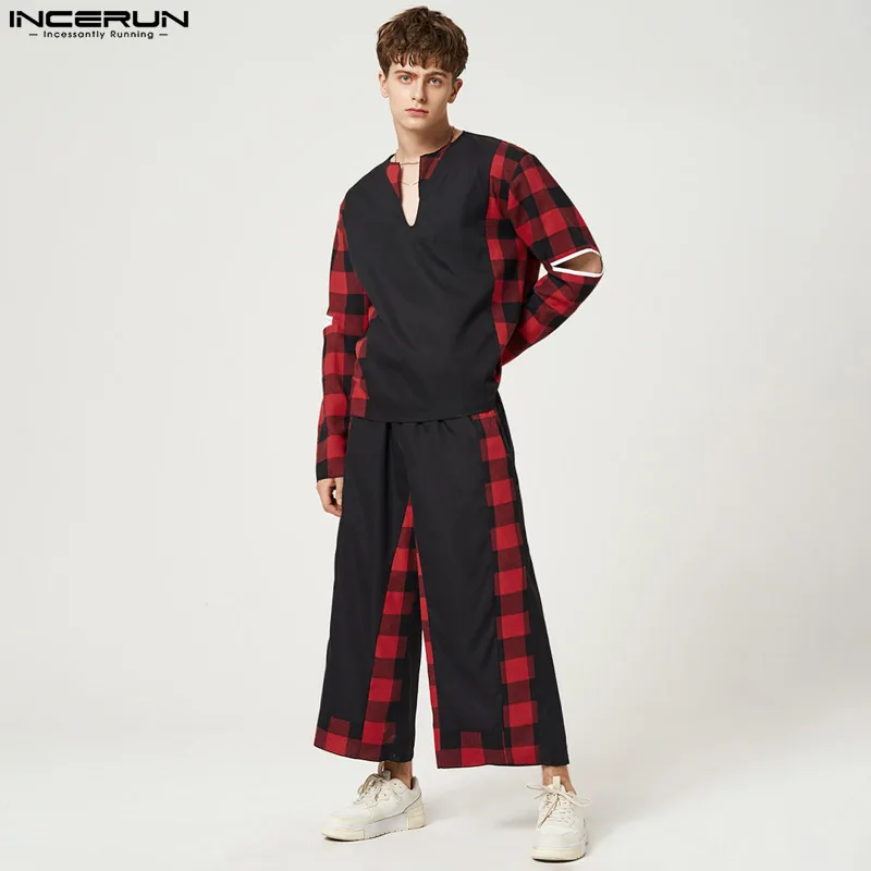 

Men Sets Plaid Patchwork Loose Streetwear V Neck Long Sleeve Hollow Out T Shirts & Wide Leg Pants 2PCS 2023 Men Suits INCERUN