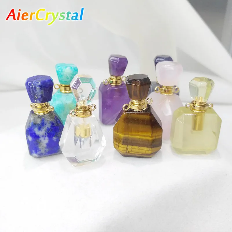 

Natural Crystal Reiki Essential Oil Diffuser Storage Bottle Perfume Healing Stone Amethyst Pendant Necklace Aromatherapy Charm