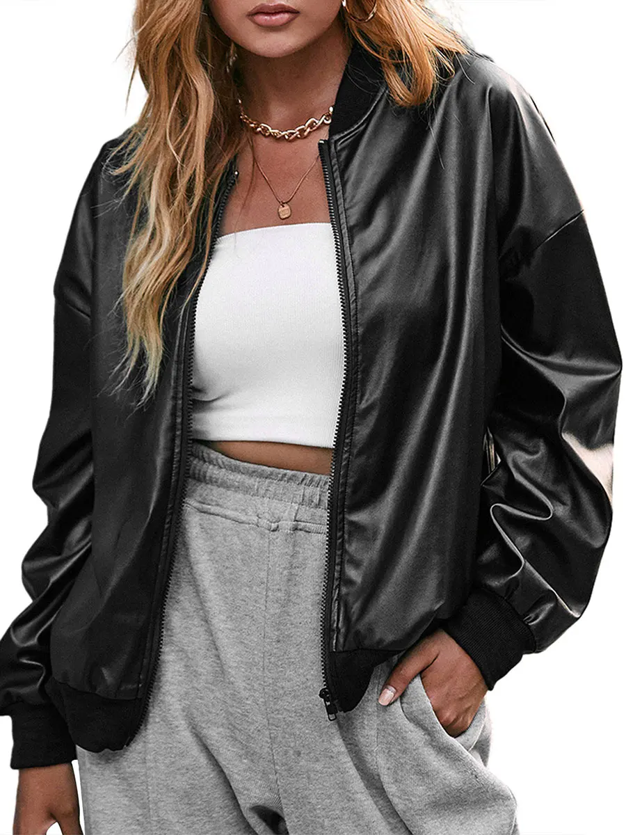 

Women s Faux Leather Biker Jacket with Zipper Closure and Belted Waist - Stylish Outerwear for Y2K Streetwear Fashion