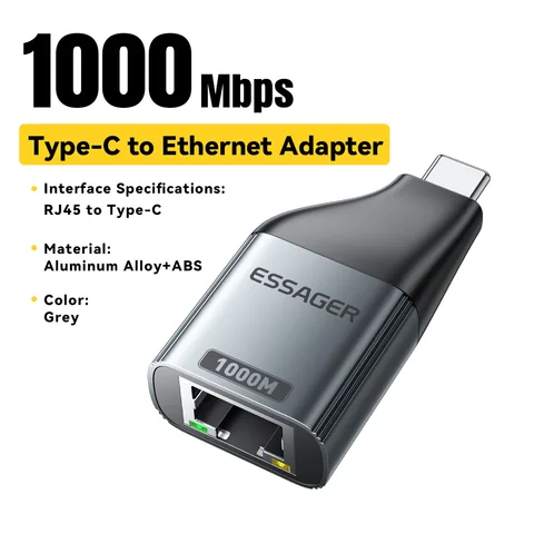Essager ES-OTG22 адаптер Type-C к Ethernet серого цвета