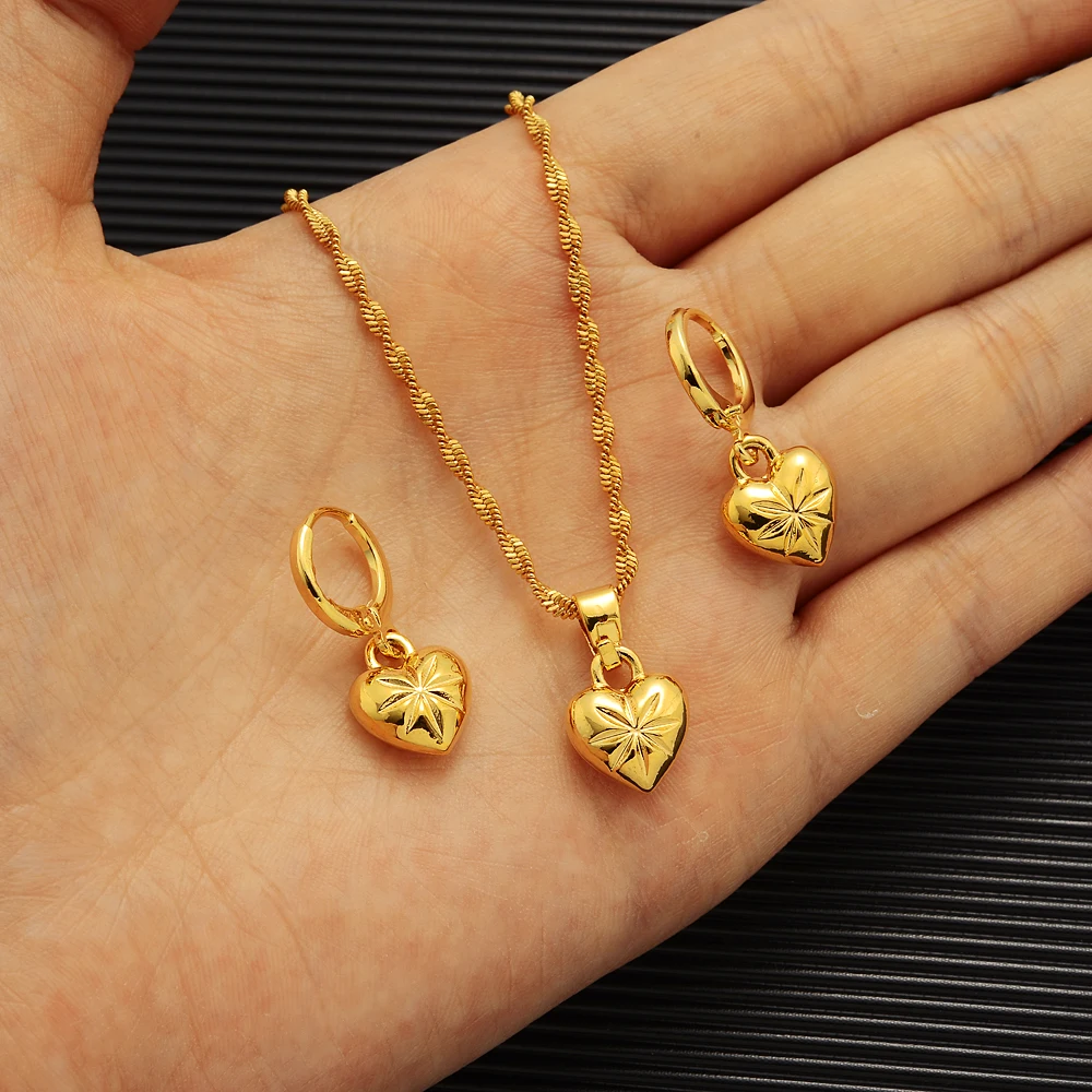

24k Yellow Solid Fine Gold GF Women Heatrt Pendant Necklace earrings Fashion Cute Heart Locket Jewelry
