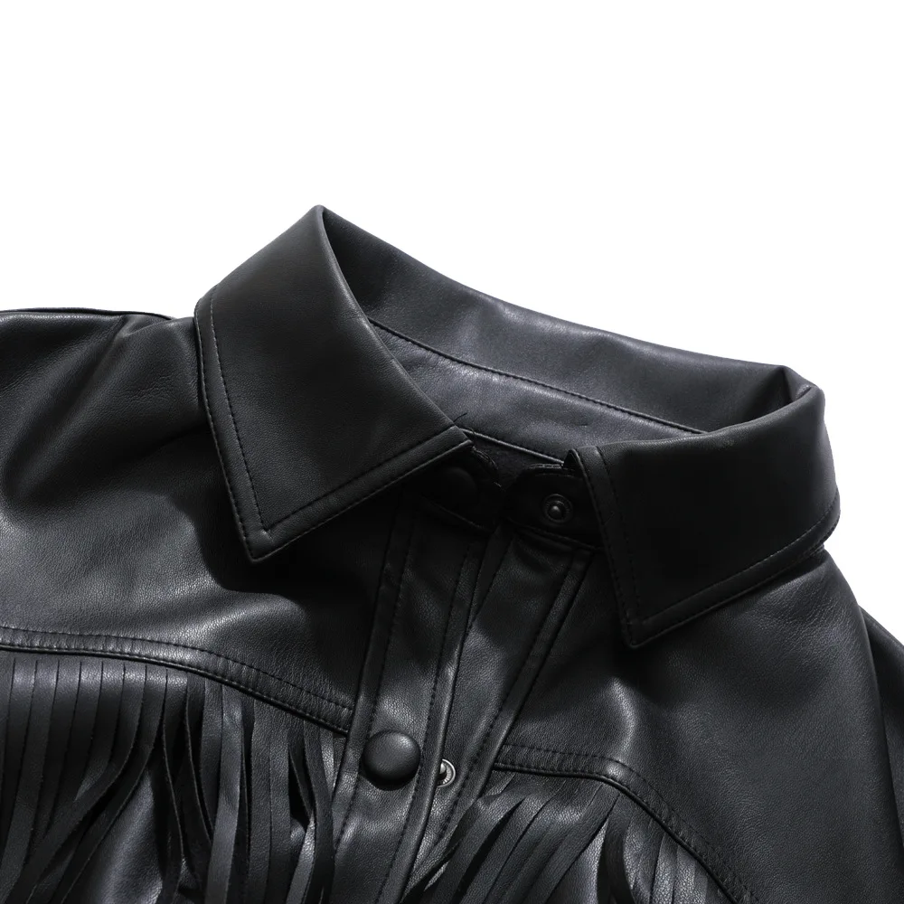 Loose women's leather mid-length belt single breasted leather jacket tassel lapel motorcycle coat