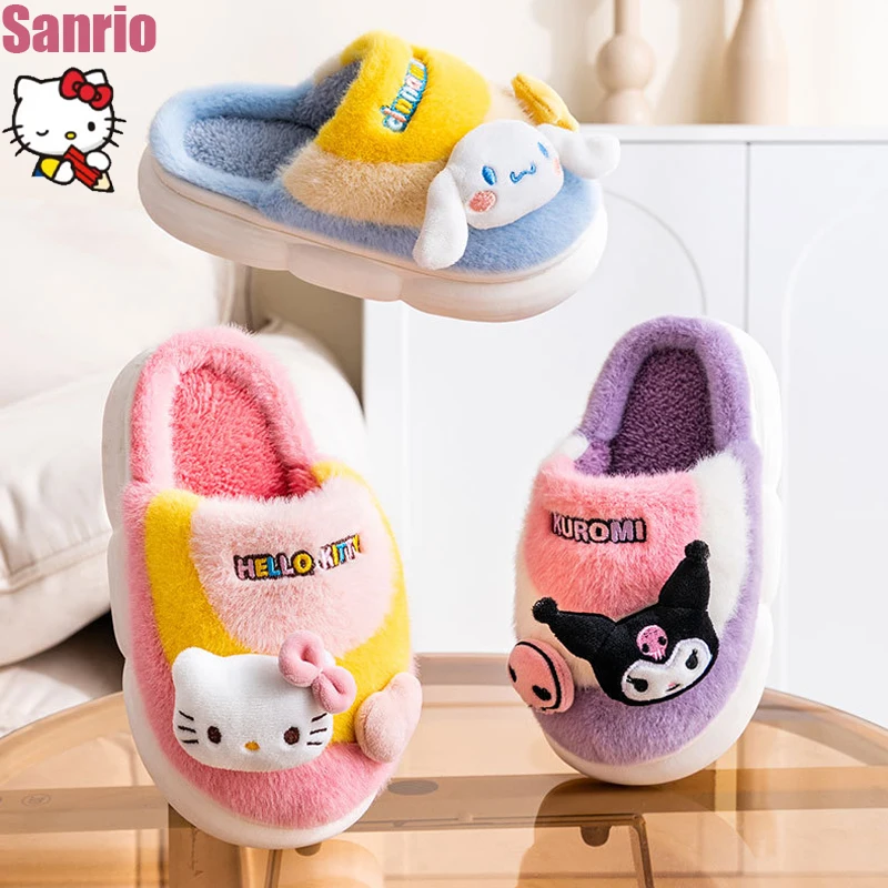 

Sanrio Cinnamoroll Kuromi Hello Kitty Kawaii Cartoon Slippers Velvet Thickened Cotton Shoes Indoor Non-slip Parent-child Shoes