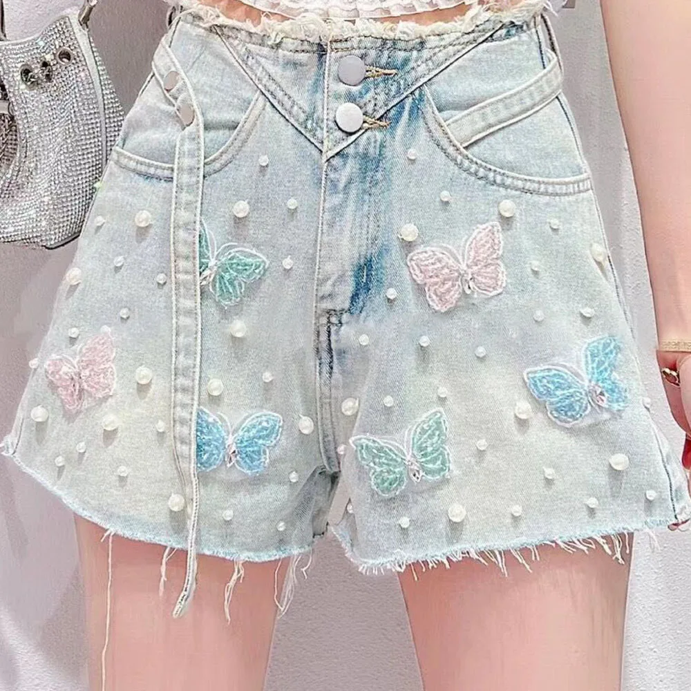 French Style Heavy Industry Beads Butterfly Denim Shorts Female Summer Loose Slimming High Waist Wide Legs A-line Burr Hot Pants