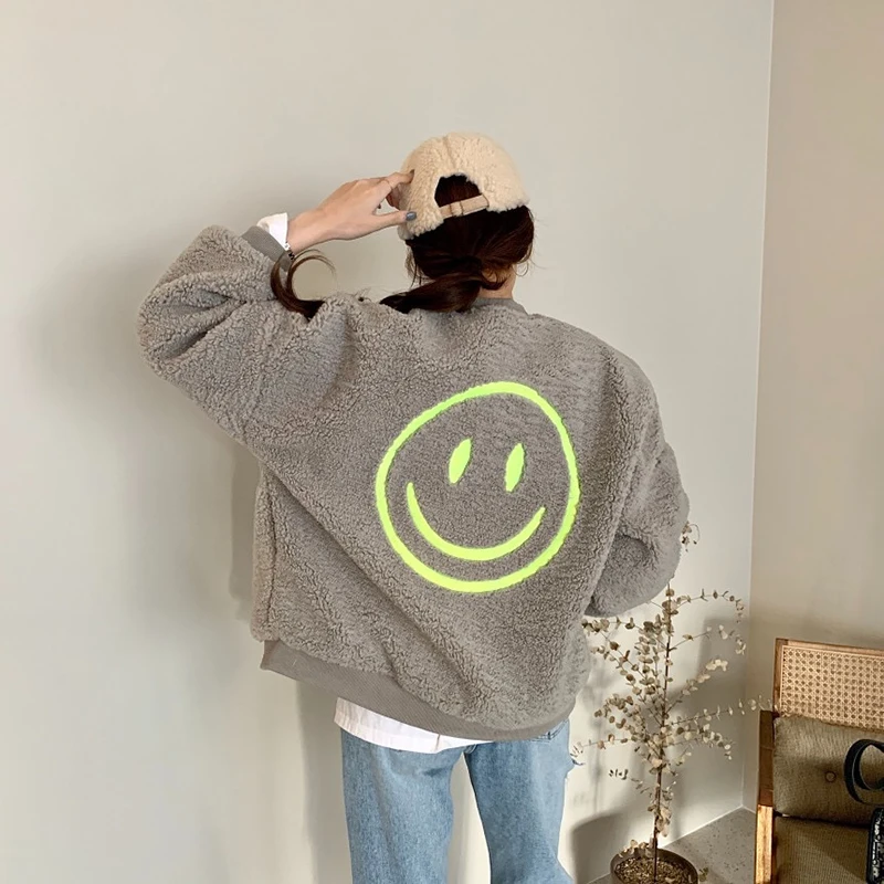 

Gidyq Fashion Lamb Wool Jackets Women Smiley Embroidery Thick Warm Parka Coats Winter Casual Female Streetwear Loose Outwear New