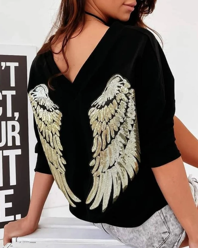 

V-Neck Top for Women's 2023 New Best-Selling Fashion Sequin Angel Wing Long Sleeved Pullover Sweatshirt
