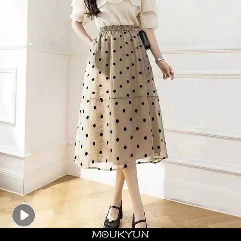 

MOUKYUN Elegant Polka-dot Skirt Women Summer High Waist Mid-length French Chiffon Faldas Female Fashion A Line Skirts