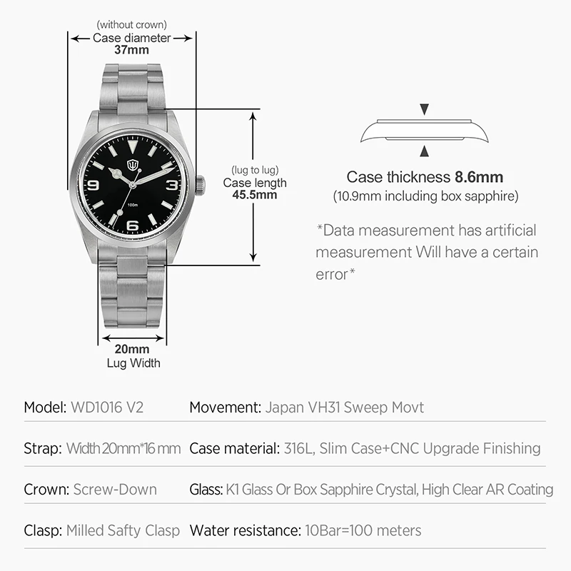 Фото Часы Watchdives WD1016 V2 VH31 Кварцевый механизм 100 м Водонепроницаемый тонкий корпус из нержавеющей стали BGW9 Светящиеся винтажные часы 37 мм №3