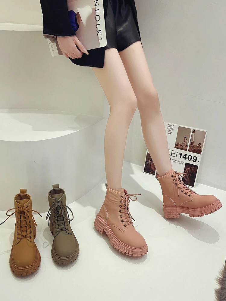 Женские ботинки со шнуровкой Дизайнерские ботильоны на платформе и среднем